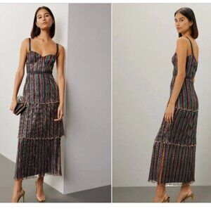Saylor Aviva Cocktail Dress Long Tiered Metallic Rainbow Small *READ FLAW*